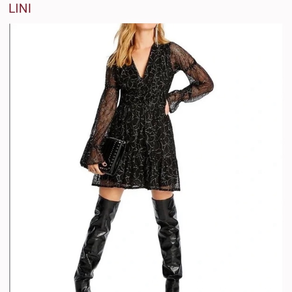 New NWT Lini Gabriella Floral Dress Black Silver Long Balloon Sleeves A25011